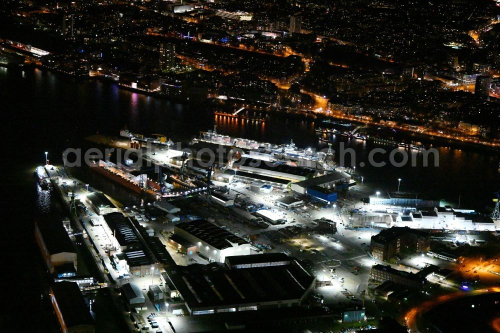 Hamburg at night from above - Night lighting shipyard on the banks of Norofelbe in the district Steinwerder in Hamburg, Germany