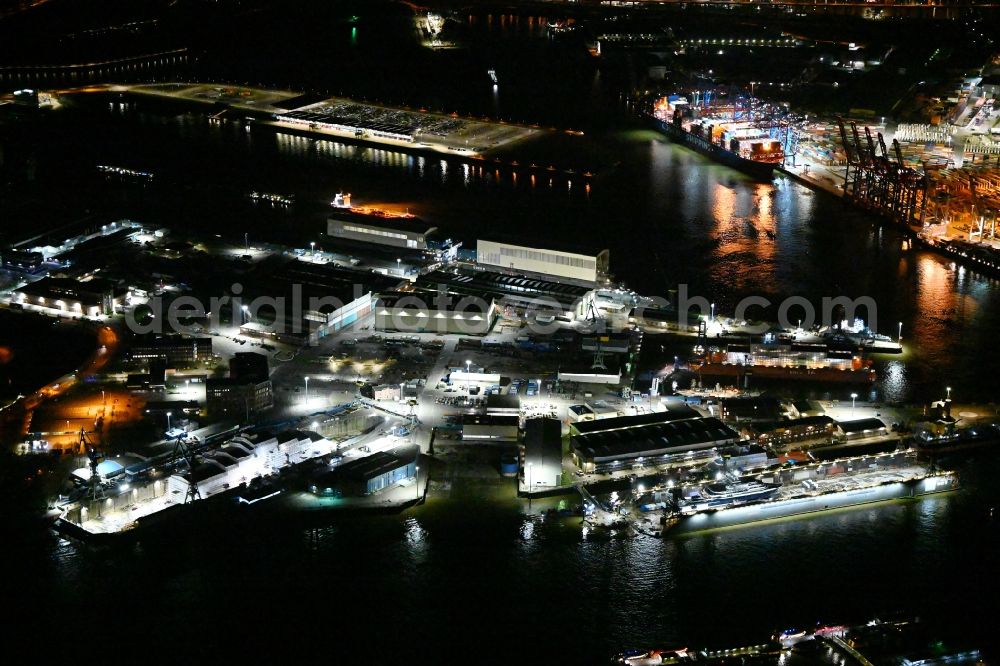 Hamburg at night from above - Night lighting shipyard on the banks of Norofelbe in the district Steinwerder in Hamburg, Germany
