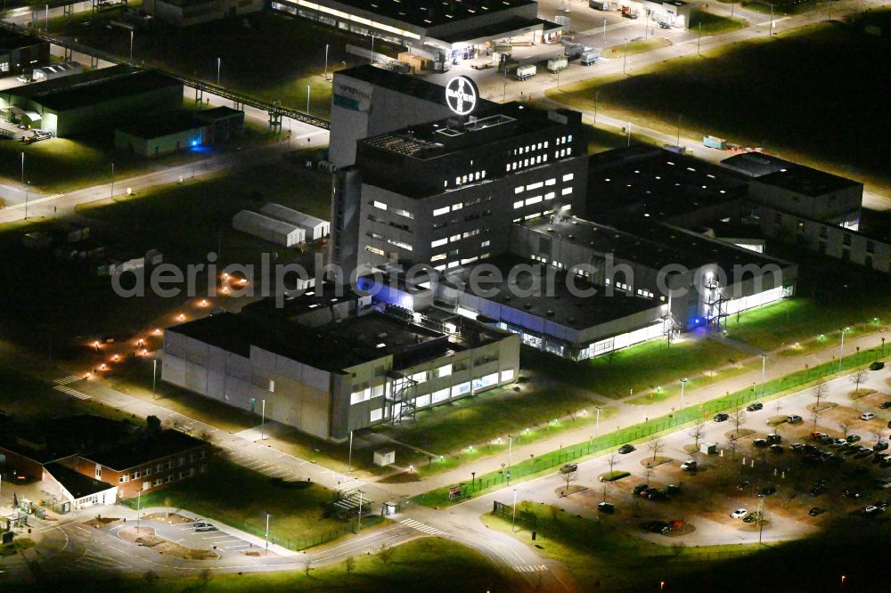 Aerial image at night Bitterfeld-Wolfen - Night lighting factory premises of the chemical manufacturers of Bayer Bitterfeld GmbH in Chemiepark in the district Greppin in Bitterfeld-Wolfen in the state Saxony-Anhalt