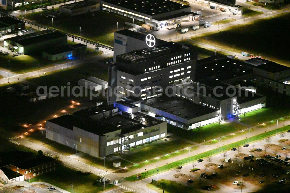 Bitterfeld-Wolfen at night from above - Night lighting factory premises of the chemical manufacturers of Bayer Bitterfeld GmbH in Chemiepark in the district Greppin in Bitterfeld-Wolfen in the state Saxony-Anhalt