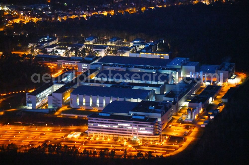 Aerial image at night Dresden - Night lighting Building and production halls on the premises of Infineon Technologies Dresden GmbH in the district Klotzsche in Dresden in the state Saxony, Germany