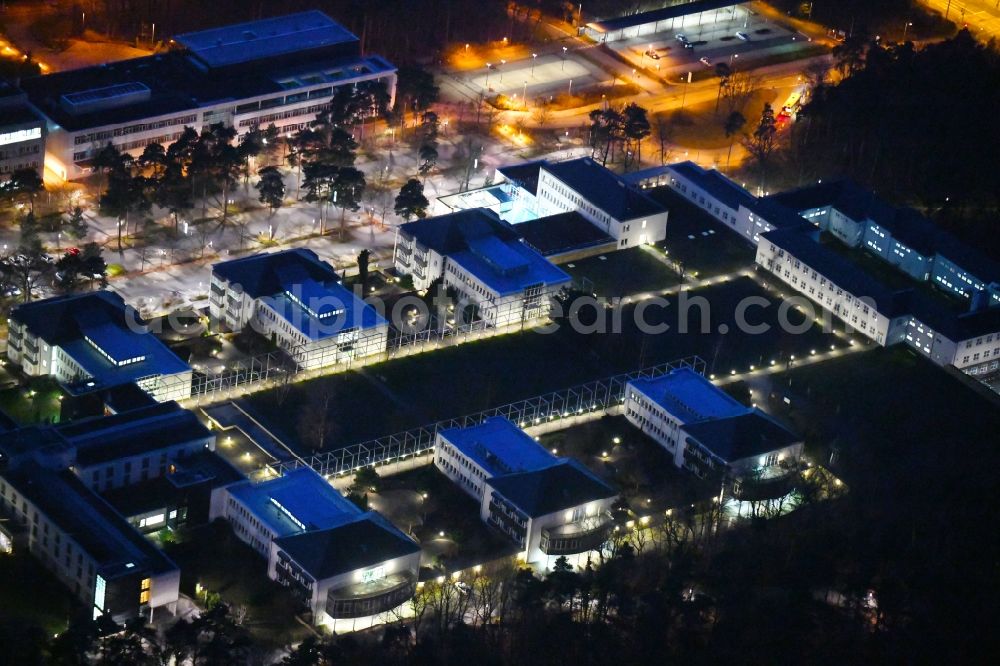 Dresden at night from above - Night lighting Building and production halls on the premises of Infineon Technologies Dresden GmbH in the district Klotzsche in Dresden in the state Saxony, Germany