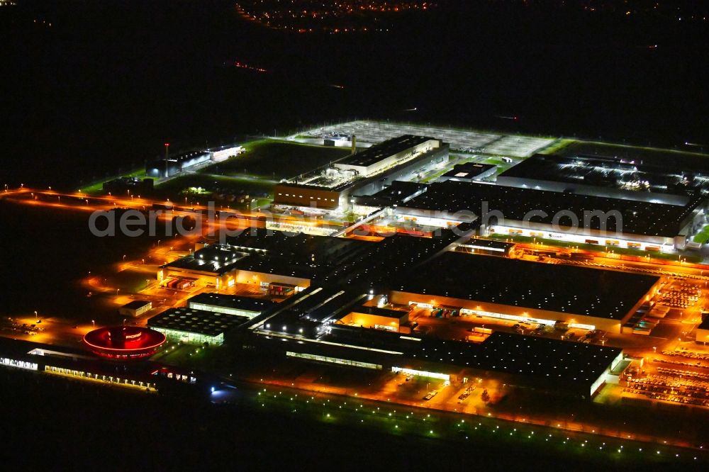 Leipzig at night from above - Night lighting Building and production halls on the premises of Dr. Ing. h.c. F. Porsche AG on Porschestrasse in Leipzig in the state Saxony, Germany