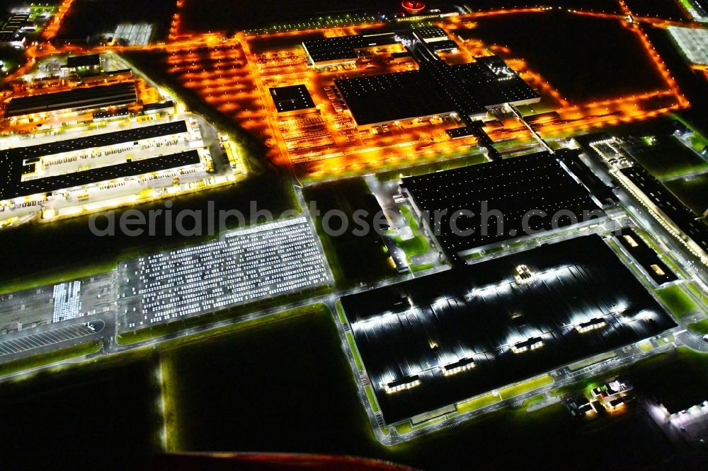 Aerial photograph at night Leipzig - Night lighting Building and production halls on the premises of Dr. Ing. h.c. F. Porsche AG on Porschestrasse in Leipzig in the state Saxony, Germany