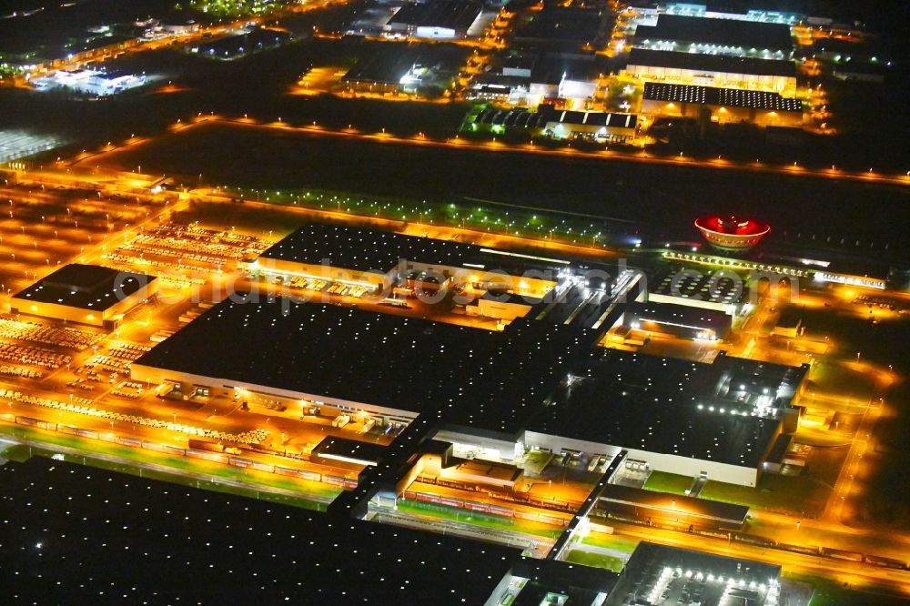 Aerial image at night Leipzig - Night lighting Building and production halls on the premises of Dr. Ing. h.c. F. Porsche AG on Porschestrasse in Leipzig in the state Saxony, Germany