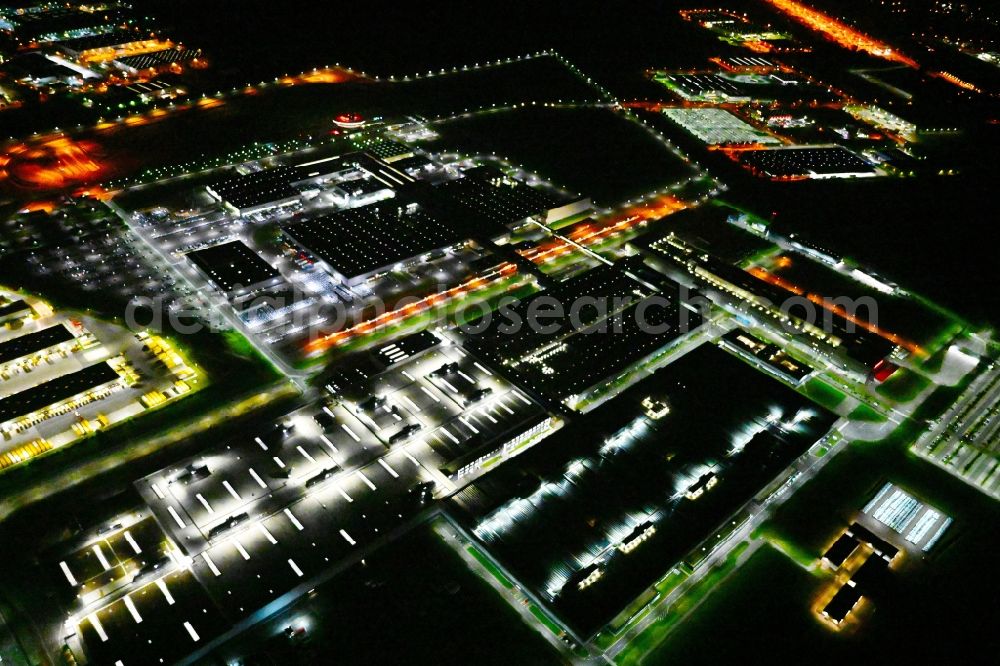 Aerial photograph at night Leipzig - Night lighting Building and production halls on the premises of Dr. Ing. h.c. F. Porsche AG on Porschestrasse in Leipzig in the state Saxony, Germany