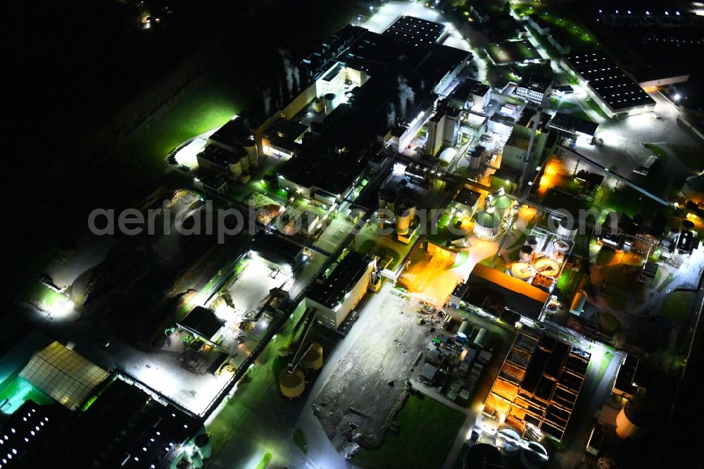 Karlsruhe at night from the bird perspective: Night lighting building and production halls on the premises of Papierfabrik Stora Enso on the Rhine river in Karlsruhe in the state Baden-Wurttemberg, Germany