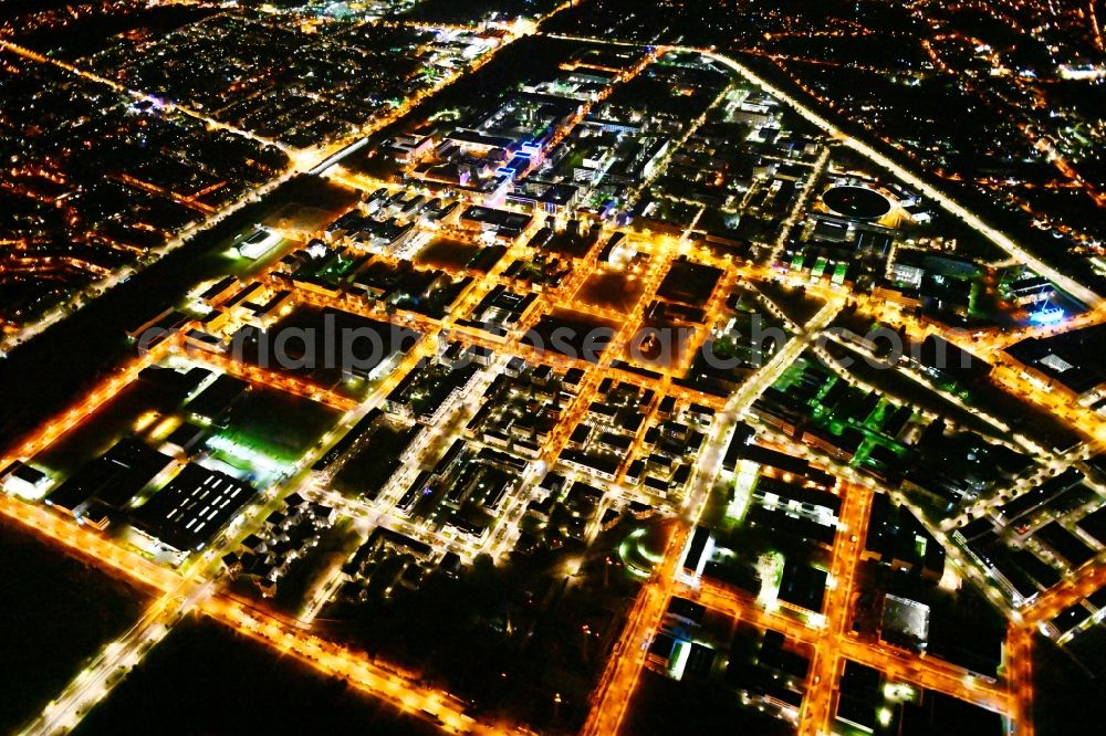 Aerial photograph at night Berlin - Night lighting industrial estate and company settlement - WISTA in the district Adlershof in Berlin, Germany