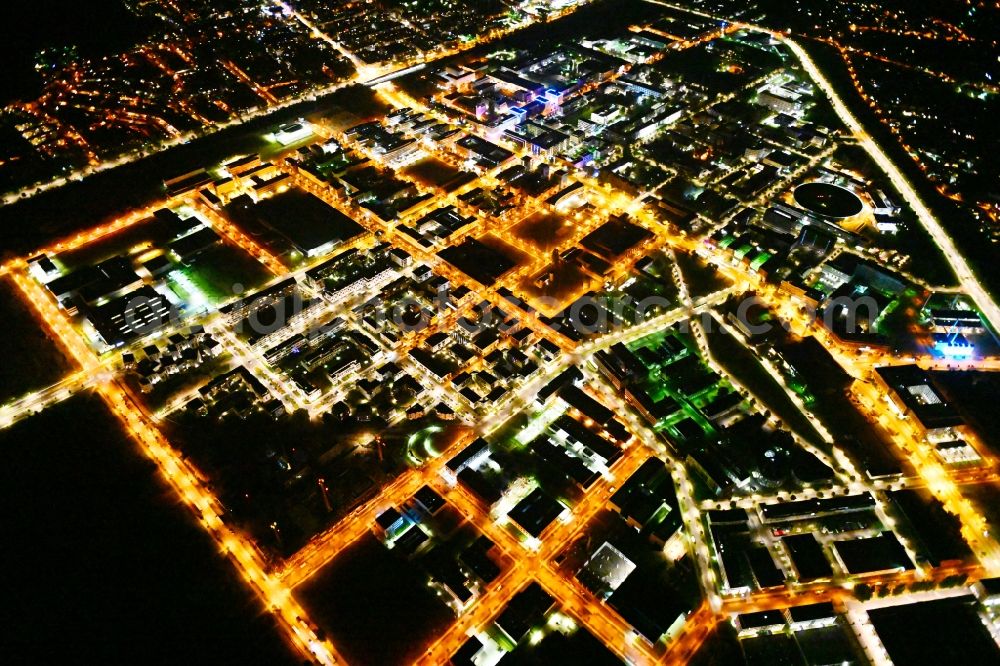 Aerial image at night Berlin - Night lighting industrial estate and company settlement - WISTA in the district Adlershof in Berlin, Germany