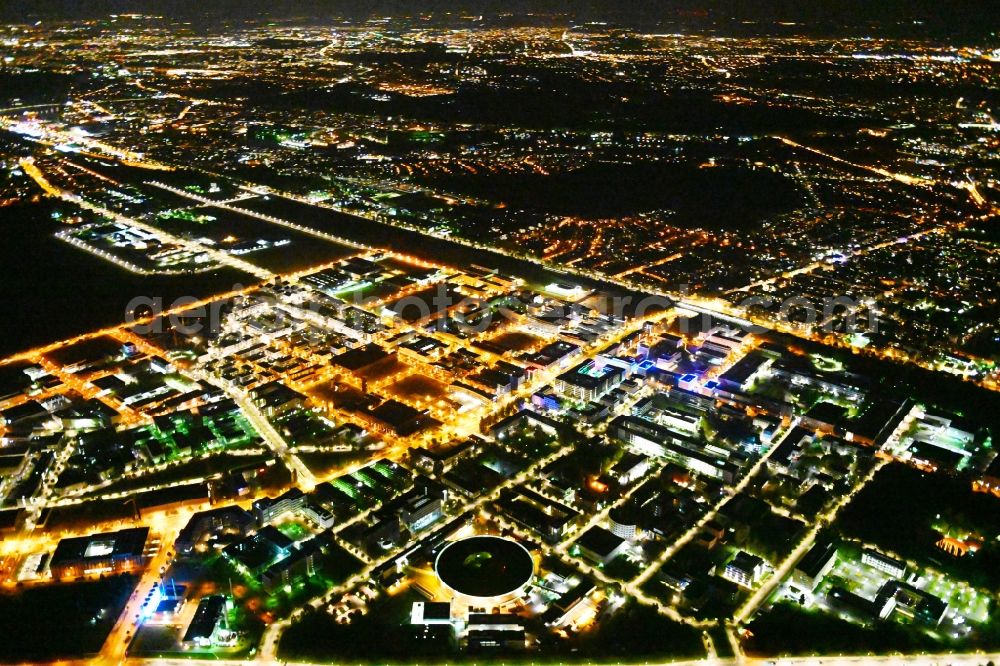 Aerial photograph at night Berlin - Night lighting industrial estate and company settlement - WISTA in the district Adlershof in Berlin, Germany