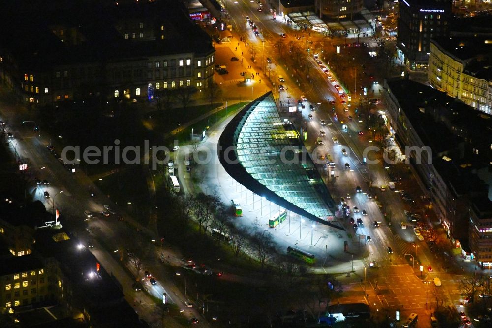Aerial photograph at night Hamburg - Night lighting central Bus Station for Public Transportation on Carl-Legien-Platz - Adenauerallee in Hamburg, Germany
