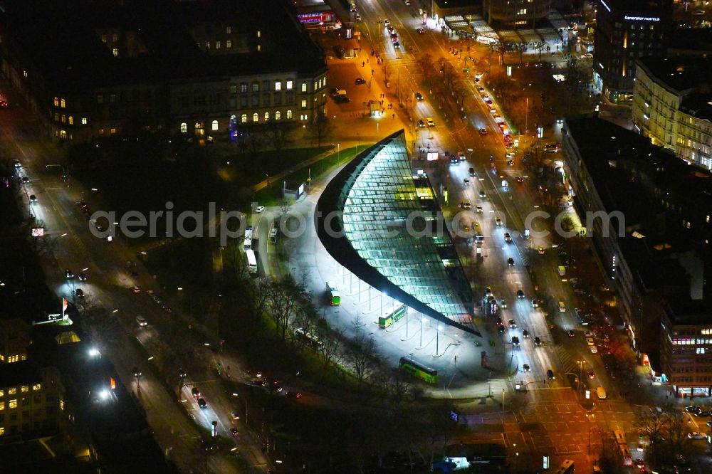 Aerial image at night Hamburg - Night lighting central Bus Station for Public Transportation on Carl-Legien-Platz - Adenauerallee in Hamburg, Germany