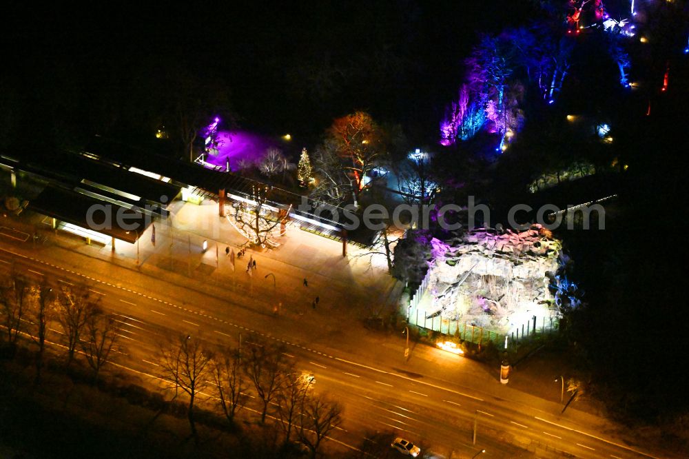Aerial image at night Berlin - Night lighting zoo grounds in the district Friedrichsfelde in Berlin, Germany
