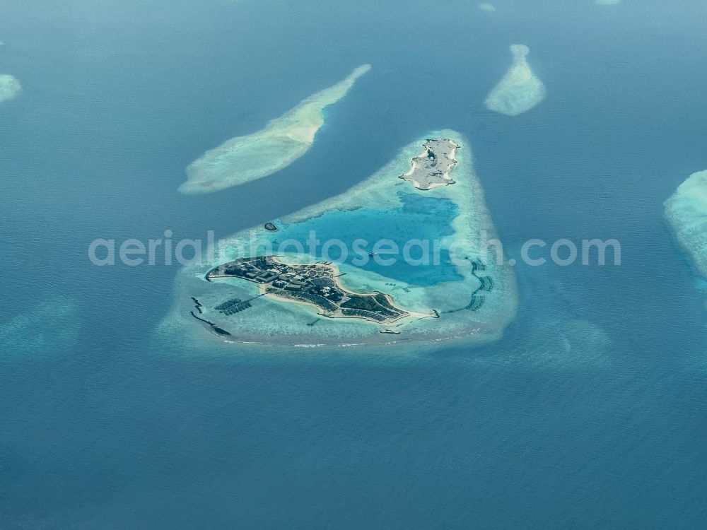 Aerial image Guraidhoo - Atoll on the water surface Guraidhoo on street Bodu Magu in Guraidhoo in Kaafu Atoll, Maldives