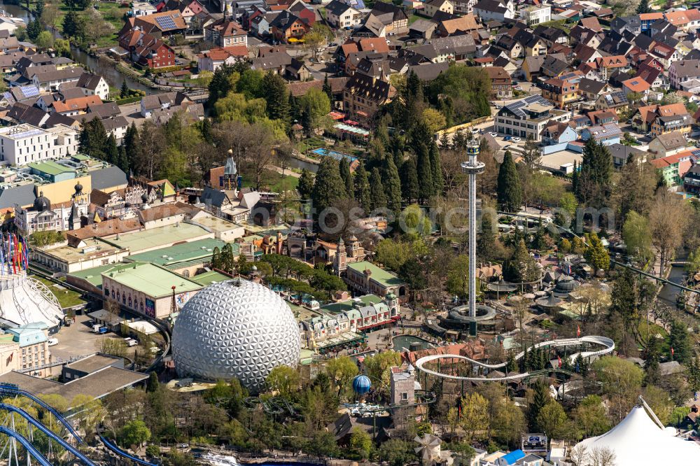 Rust from above - The amusement park and family park Europapark in Rust in Baden-Wuerttemberg with roller coasters and many attractions