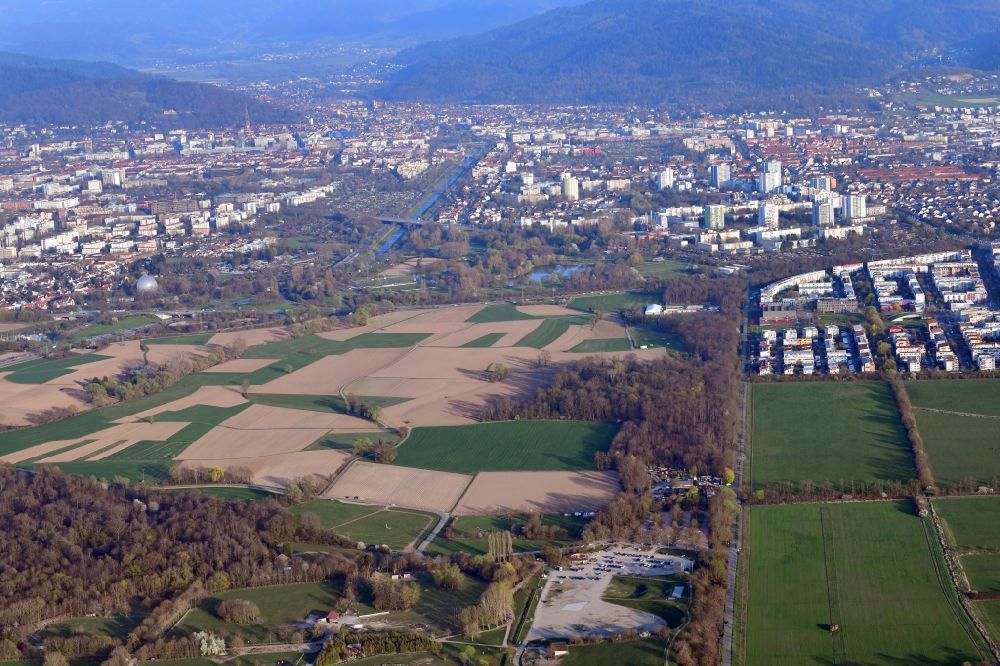 Freiburg im Breisgau from the bird's eye view: District Dietenbach will be buildt beside the district Rieselfeld (right) on the agricultural area in the city in Freiburg im Breisgau in the state Baden-Wurttemberg