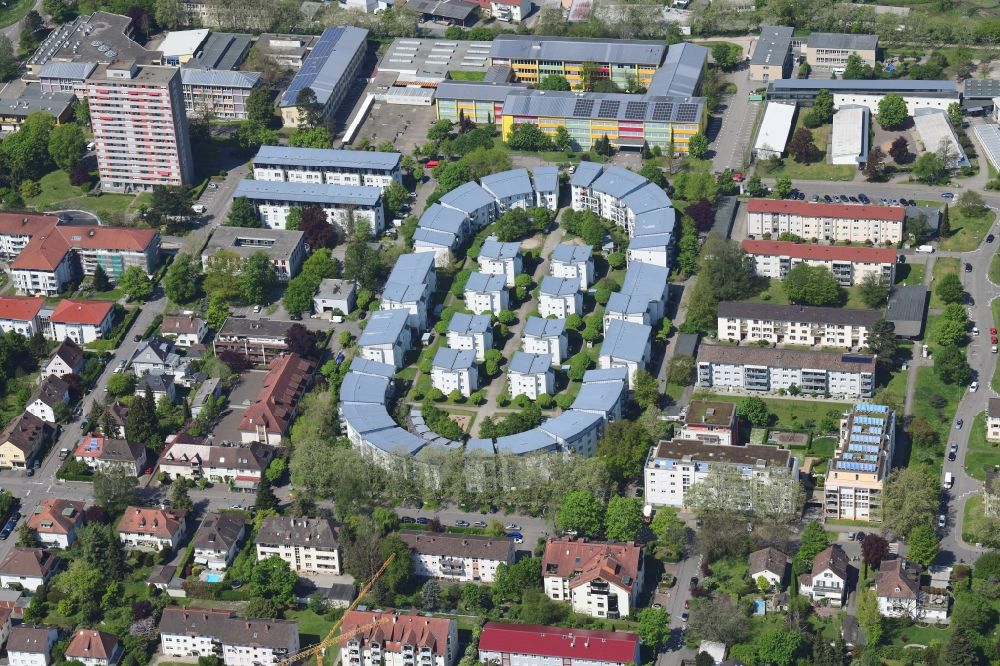 Aerial image Lörrach - Residential development on the site of the former stadium in Loerrach in Baden-Wuerttemberg. The geometry of the stadium was maintained for the arrangement of the houses and blocks