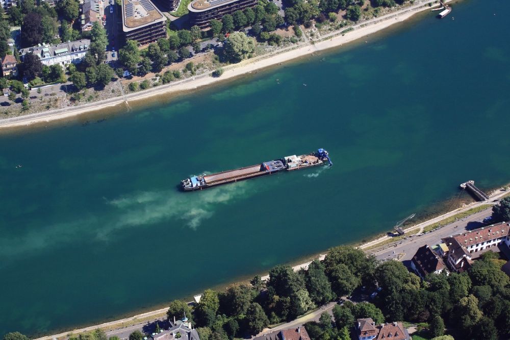 Aerial photograph Basel - Low tide for dredging work on a route - fairway of the river Rhine to improve the depth of the waterway in Basle, Switzerland