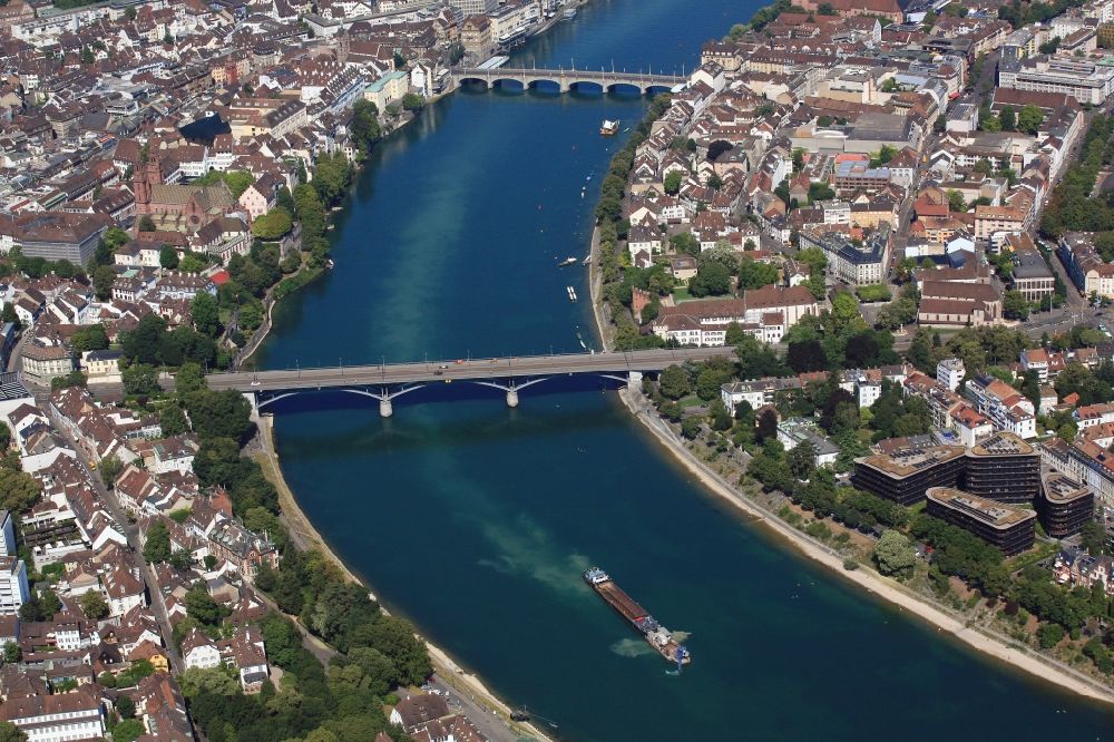 Basel from above - Low tide for dredging work on the route - fairway in the river Rhine in the waterway close to Wettstein Bridge in Basle, Switzerland