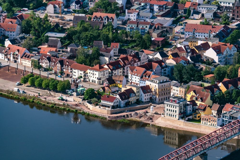 Schönebeck (Elbe) from above - Construction site for the expansion and fortification of the banks of the Elbe in Schoenebeck (Elbe) in the state Saxony-Anhalt, Germany