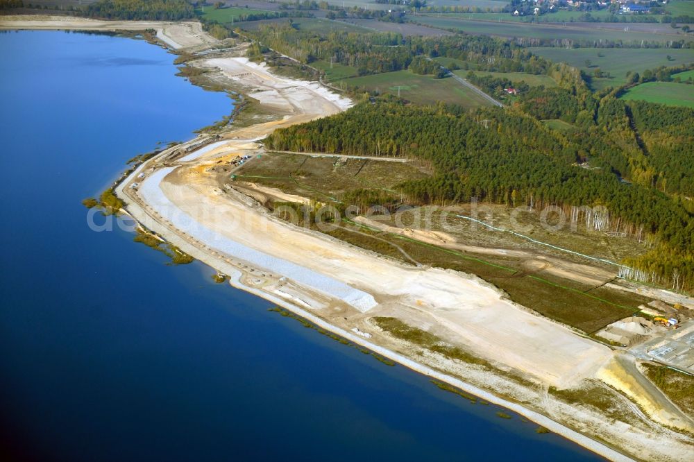 Bahnsdorf from above - Expansion and fortification of the shore areas of the lake Sedlitzer See in Bahnsdorf in the state Brandenburg, Germany