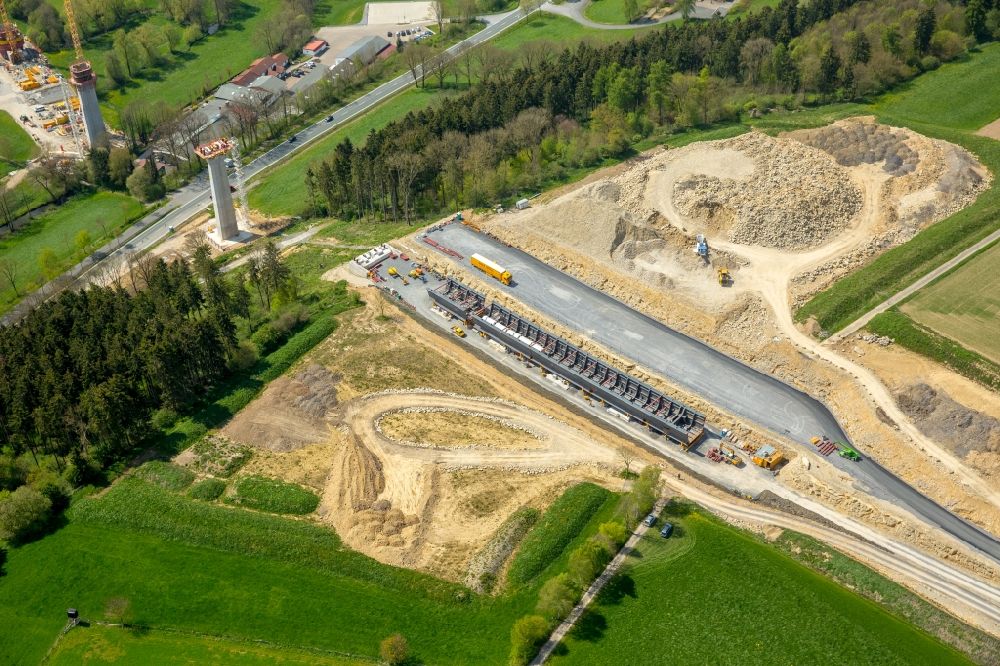 Bad Wünnenberg from the bird's eye view: Construction of the bypass road bridge Aftetalbruecke in in Bad Wuennenberg in the state North Rhine-Westphalia