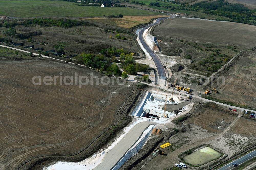Salzmünde from above - Construction of the bypass road in in Salzmuende in the state Saxony-Anhalt, Germany
