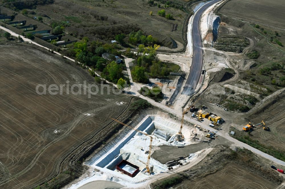 Salzmünde from the bird's eye view: Construction of the bypass road in in Salzmuende in the state Saxony-Anhalt, Germany