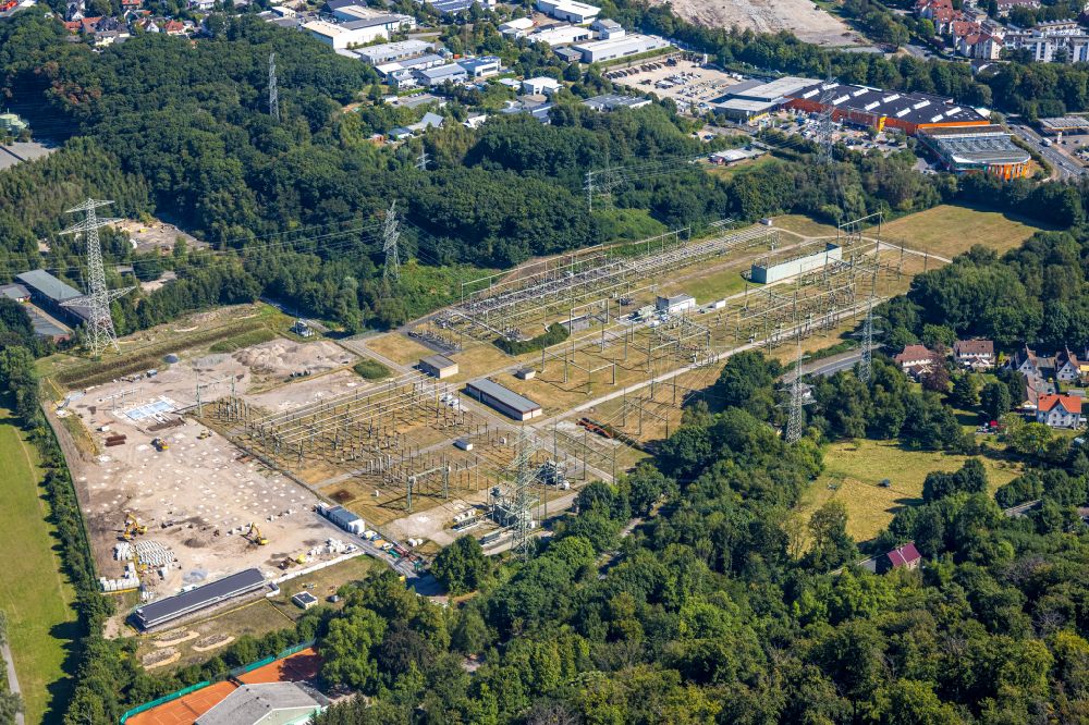 Aerial photograph Hattingen - Construction site area for the new construction of the substation for voltage conversion and electrical power supply in Hattingen at Ruhrgebiet in the state North Rhine-Westphalia, Germany