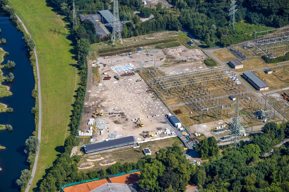 Hattingen from above - Construction site area for the new construction of the substation for voltage conversion and electrical power supply in Hattingen at Ruhrgebiet in the state North Rhine-Westphalia, Germany