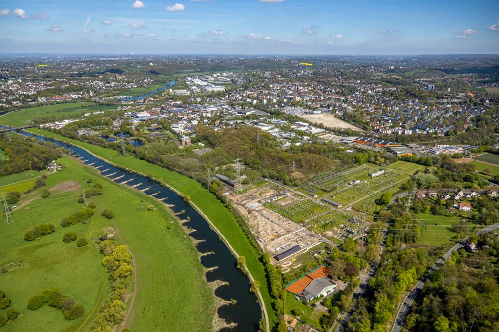 Aerial image Hattingen - Construction site area for the new construction of the substation for voltage conversion and electrical power supply in Hattingen at Ruhrgebiet in the state North Rhine-Westphalia, Germany