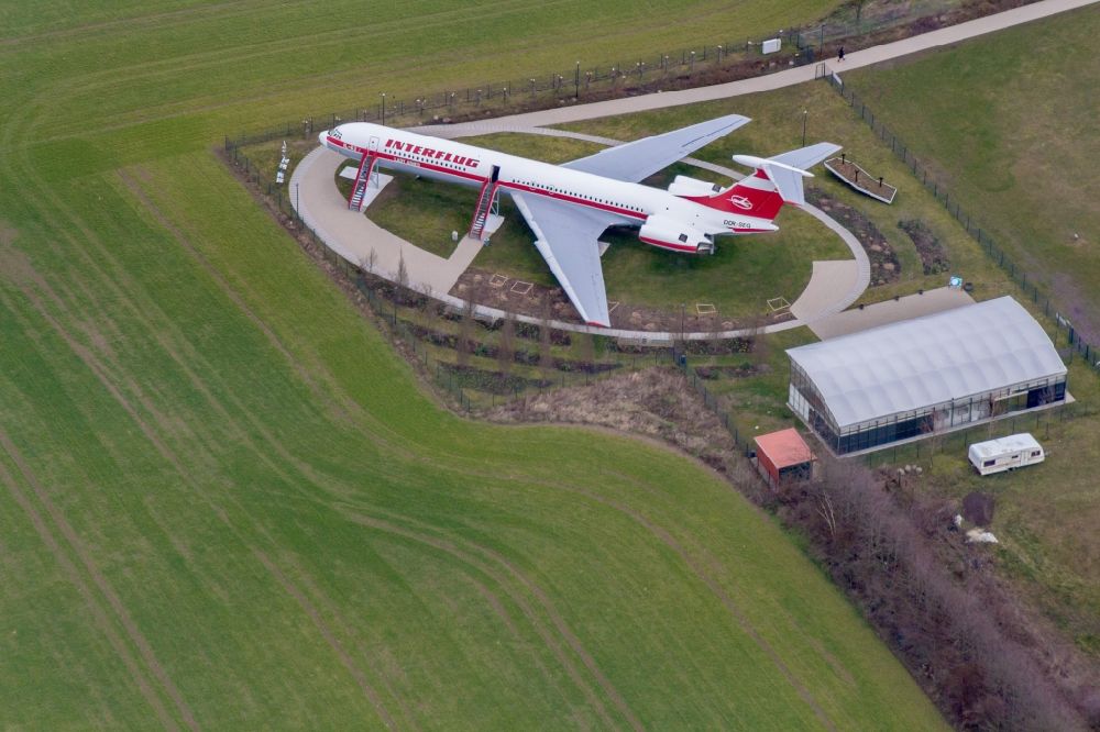 Aerial photograph Gollenberg - Discharged passenger aircraft IL-62 of the GDR - airline INTERFLUG Lady Agnes on a parking area in Stoelln in the federal state Brandenburg, Germany
