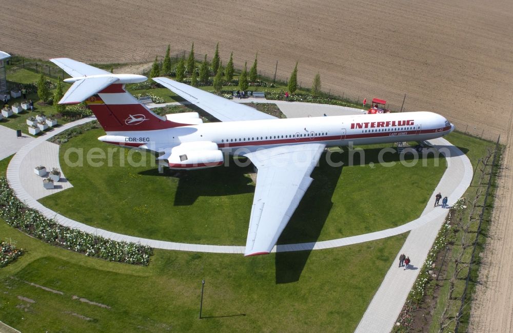Gollenberg from above - Discharged passenger aircraft IL-62 of the GDR - airline INTERFLUG Lady Agnes on a parking area in Stoelln in the federal state Brandenburg, Germany