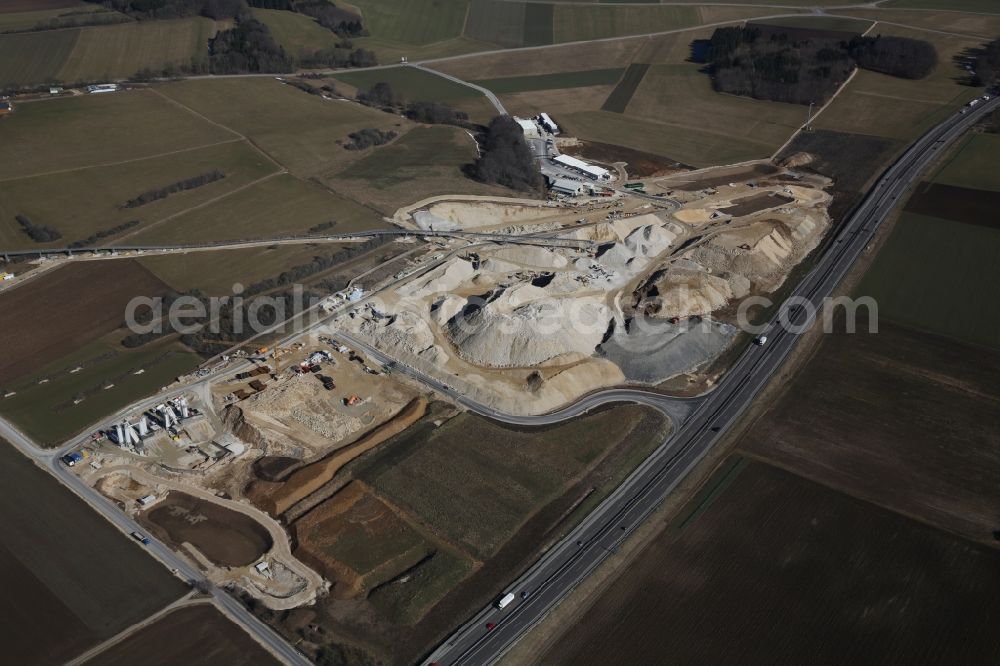Hohenstadt from above - Excavation and spoil heaps along the highway BAB A8 - E52 at the tunnel exits of future ICE-railway line at the Hohenstadt in the state of Baden-Wuerttemberg