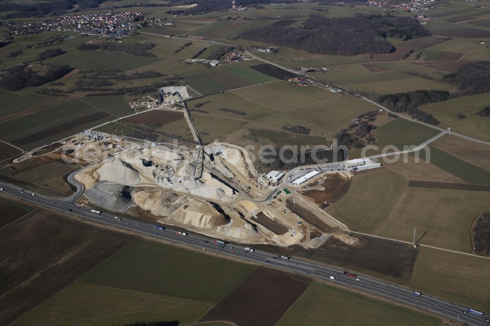 Hohenstadt from the bird's eye view: Excavation and spoil heaps along the highway BAB A8 - E52 at the tunnel exits of future ICE-railway line at the Hohenstadt in the state of Baden-Wuerttemberg