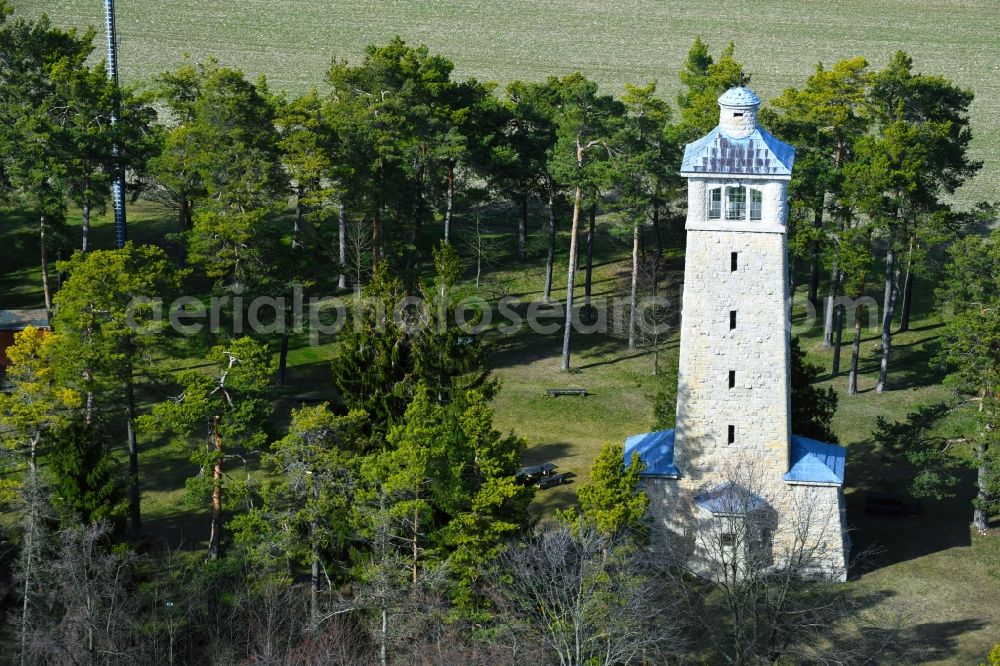 Kiliansroda from the bird's eye view: Structure of the observation tower Carolinenturm on the Koetsch in Kiliansroda in the state Thuringia, Germany