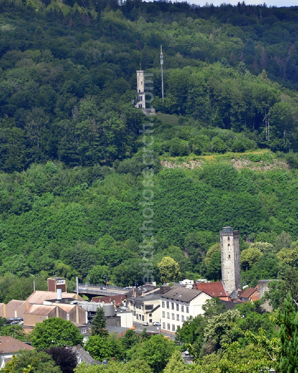 Aerial photograph Hann. Münden - Structure of the observation tower Hagelturm and Tillyschanze in Hann. Muenden in the state Lower Saxony, Germany