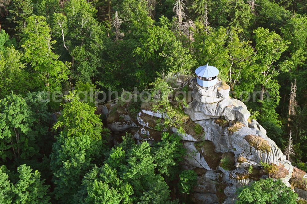 Aerial image Zell im Fichtelgebirge - Building of the lookout tower on the rock formation of the Waldstein in Zell im Fichtelgebirge in the state Bavaria, Germany