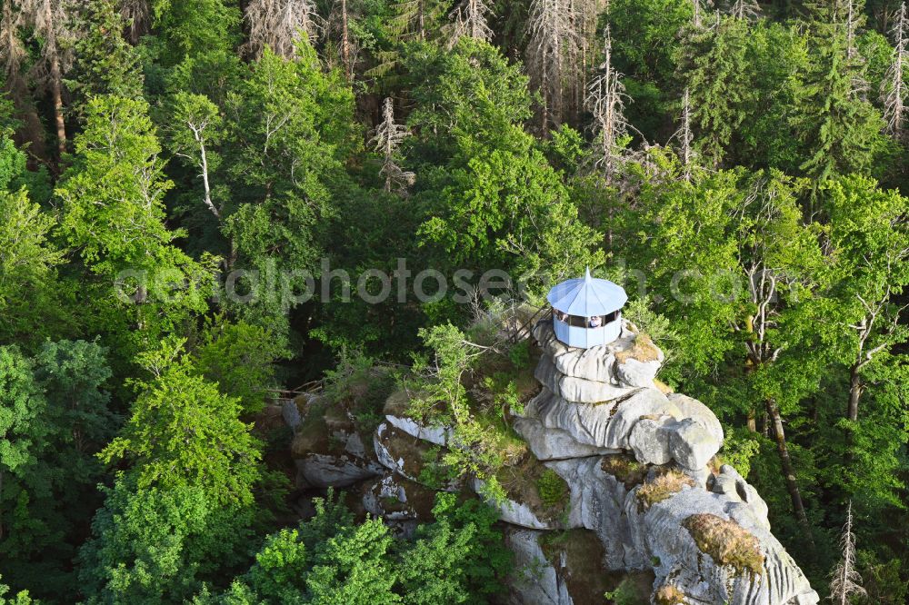 Aerial photograph Zell im Fichtelgebirge - Building of the lookout tower on the rock formation of the Waldstein in Zell im Fichtelgebirge in the state Bavaria, Germany