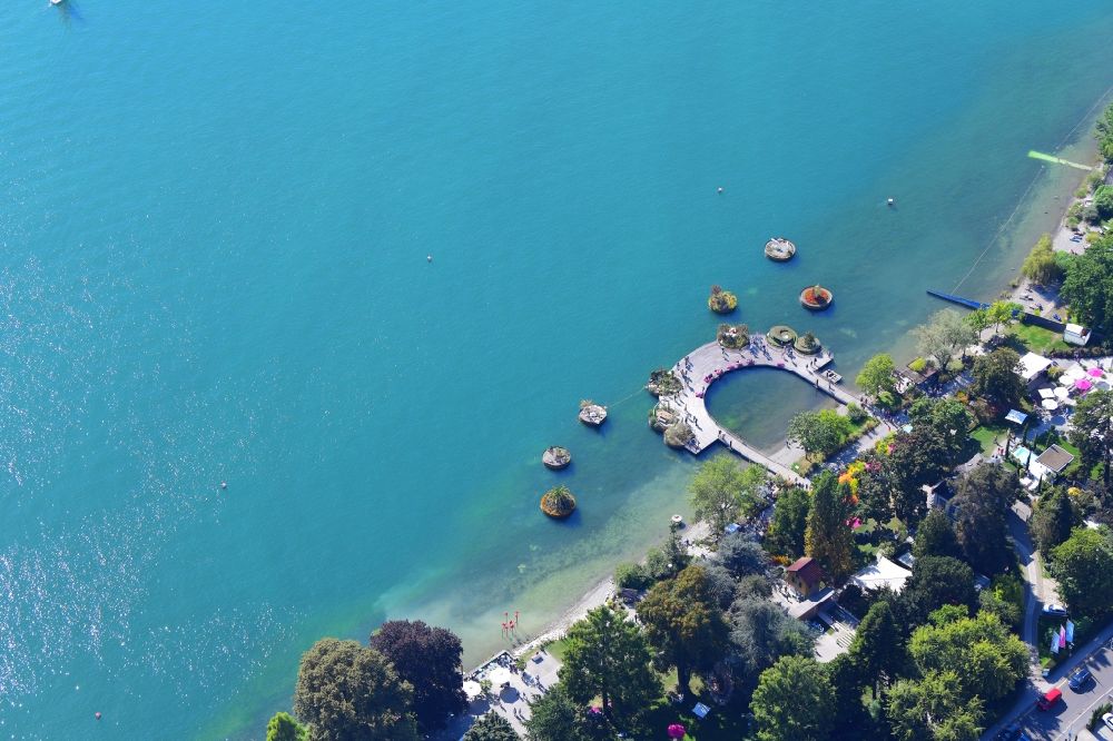 Überlingen from above - Exhibition grounds of the State Garden Show ( Landesgartenschau ) with Swimming Gardens at the shore of Lake Constance in Ueberlingen in the state Baden-Wuerttemberg, Germany