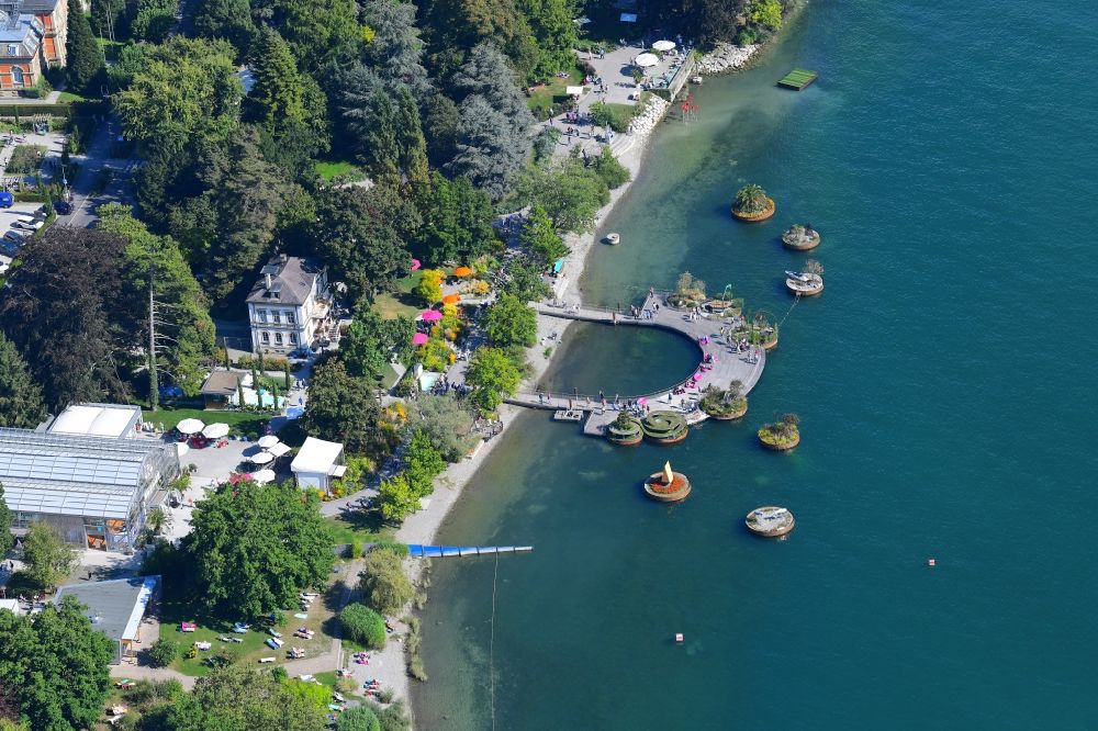 Aerial image Überlingen - Exhibition grounds of the State Garden Show ( Landesgartenschau ) with Swimming Gardens at the shore of Lake Constance in Ueberlingen in the state Baden-Wuerttemberg, Germany