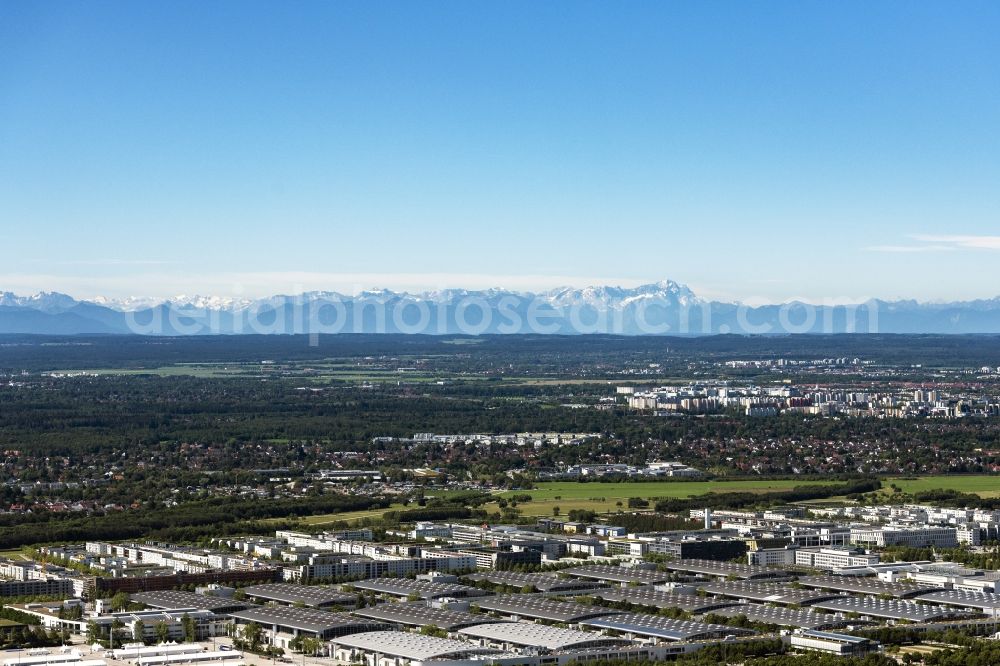 Aerial photograph München - Exhibition grounds and exhibition halls of the Messe Muenchen with the mountain range of the Alps in the background in Munich in the state Bavaria