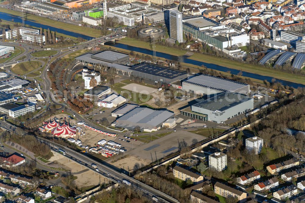 Offenburg from the bird's eye view: Exhibition grounds and exhibition halls of the Oberrhein Messe in Offenburg in the state Baden-Wurttemberg, Germany