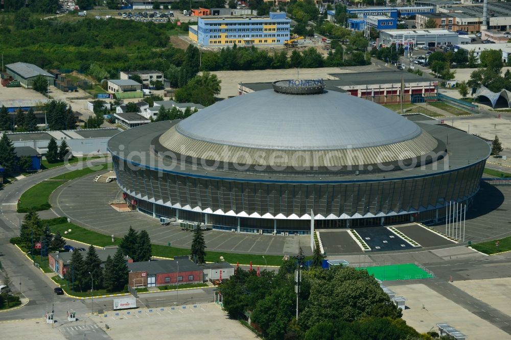 Aerial image Bukarest - Exhibition Hall Romexpo Pavilionul Central Bulevardul Expozitiei at the fairgrounds in Bucharest in Romania