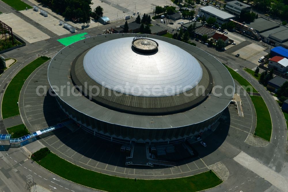 Aerial image Bukarest - Exhibition Hall Romexpo Pavilionul Central Bulevardul Expozitiei at the fairgrounds in Bucharest in Romania