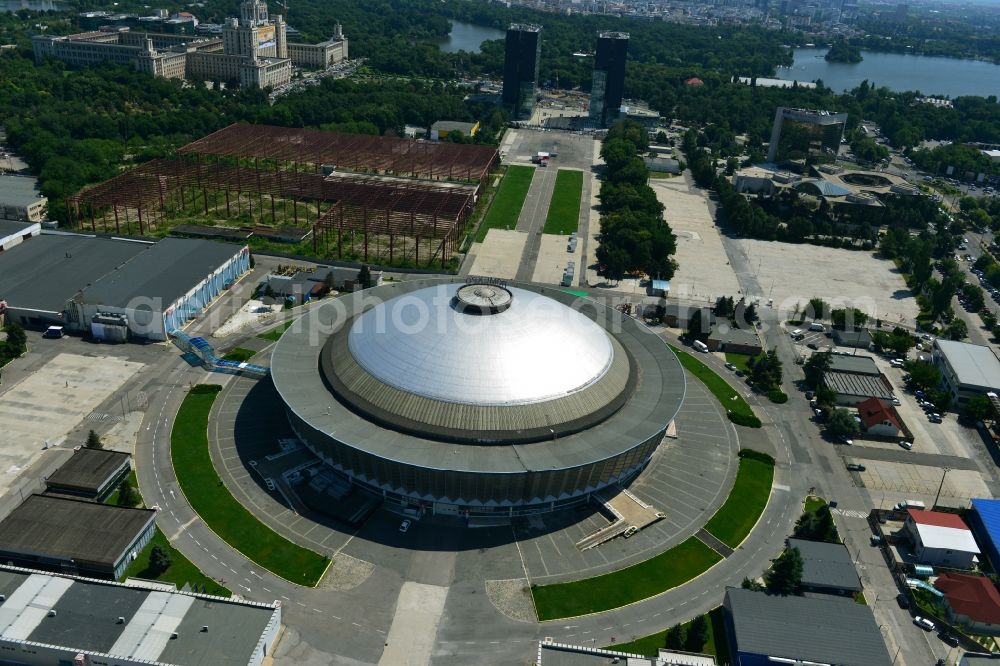 Aerial photograph Bukarest - Exhibition Hall Romexpo Pavilionul Central Bulevardul Expozitiei at the fairgrounds in Bucharest in Romania