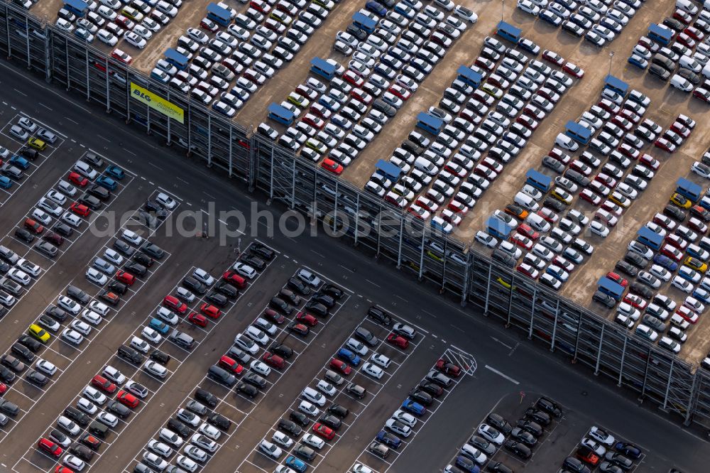 Bremerhaven from above - Parking and storage space for automobiles on Ueberseehafen in Bremerhaven in the state Bremen, Germany