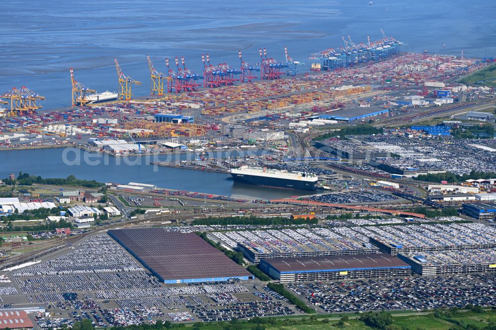 Bremerhaven from above - Parking and storage space for automobiles on Ueberseehafen in the district Stadtbremisches Ueberseehafengebiet Bremerhaven in Bremerhaven in the state Bremen, Germany