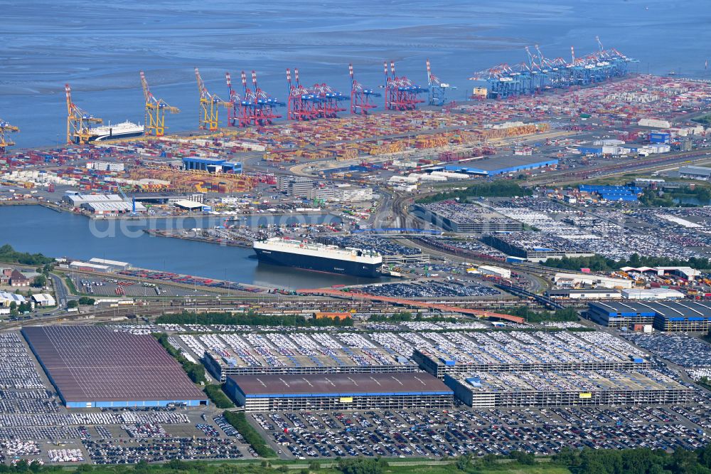 Bremerhaven from the bird's eye view: Parking and storage space for automobiles on Ueberseehafen in the district Stadtbremisches Ueberseehafengebiet Bremerhaven in Bremerhaven in the state Bremen, Germany