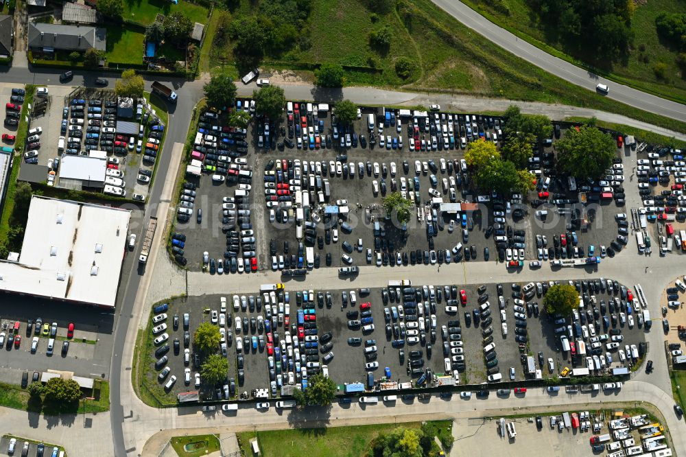 Aerial photograph Königs Wusterhausen - Parking and storage space for automobiles of Firma autoankaufbrandenburg.de on street Im Gewerbepark in the district Zeesen in Koenigs Wusterhausen in the state Brandenburg, Germany